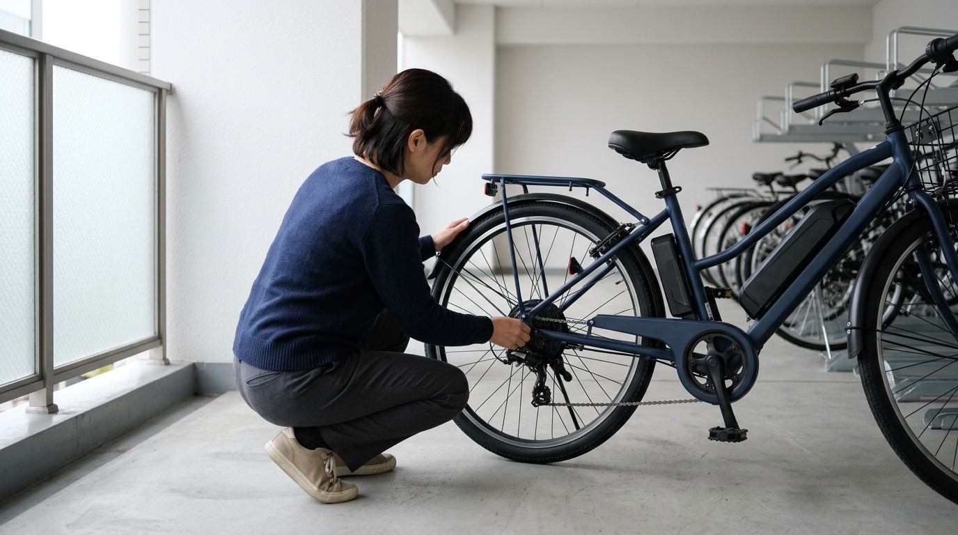 ベロスター 壊れやすいという評判を調べながら、女性が電動アシスト自転車の点検や管理を行う場面を表すイメージ画像