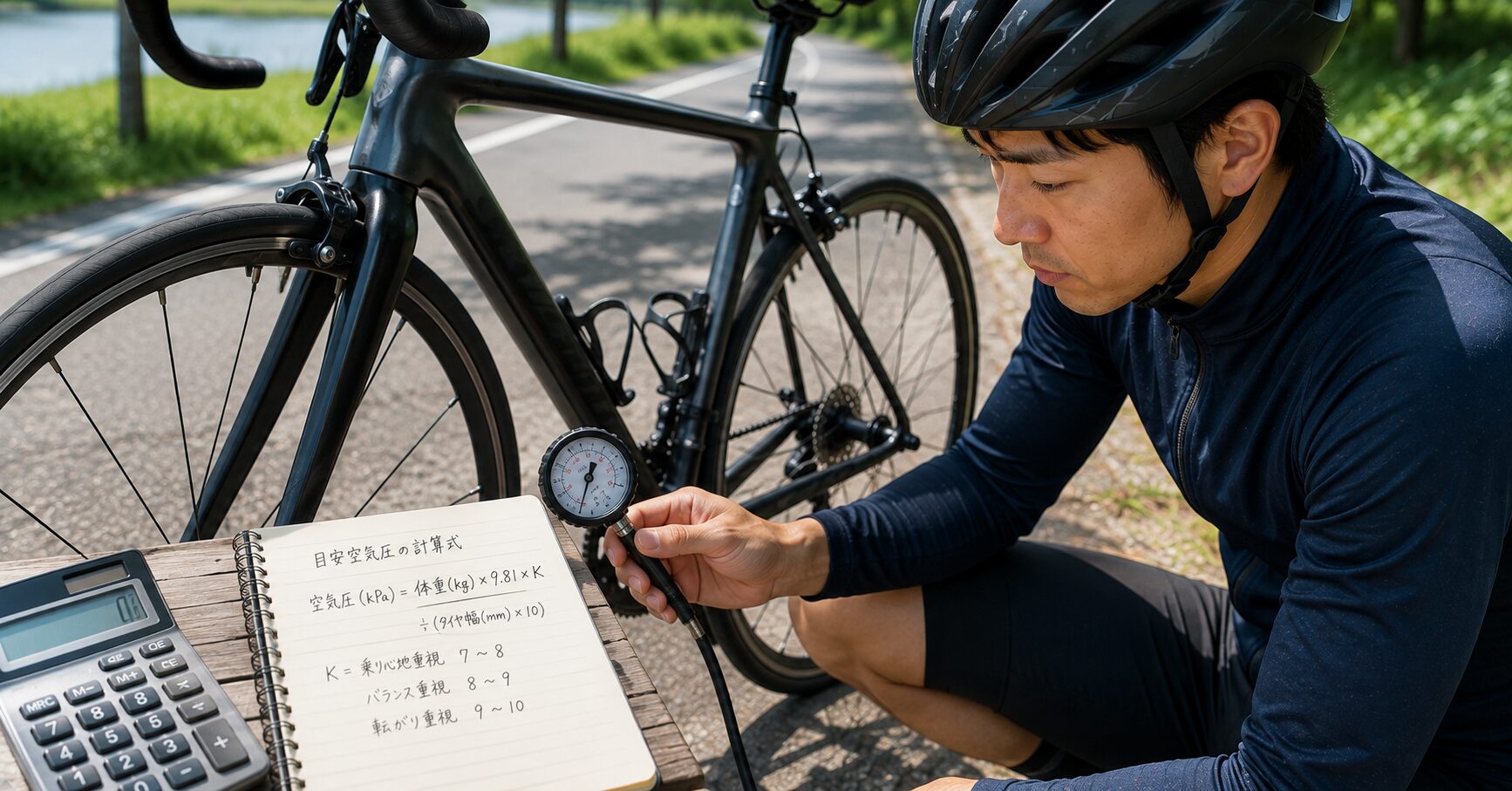 ロードバイクの空気圧の計算方法を表すイメージ画像