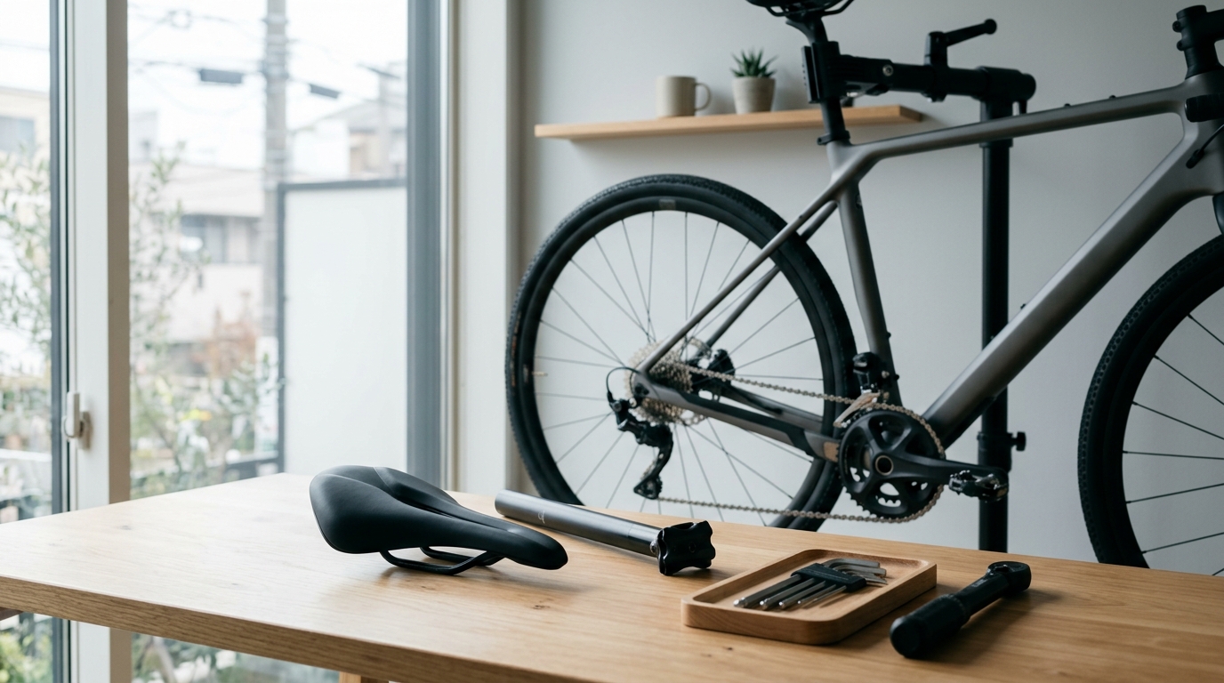 サドル交換とサイズ確認の基本をイメージした、複数の自転車用サドルが並び形状やサイズの違いを比較できる様子を表すイメージ画像