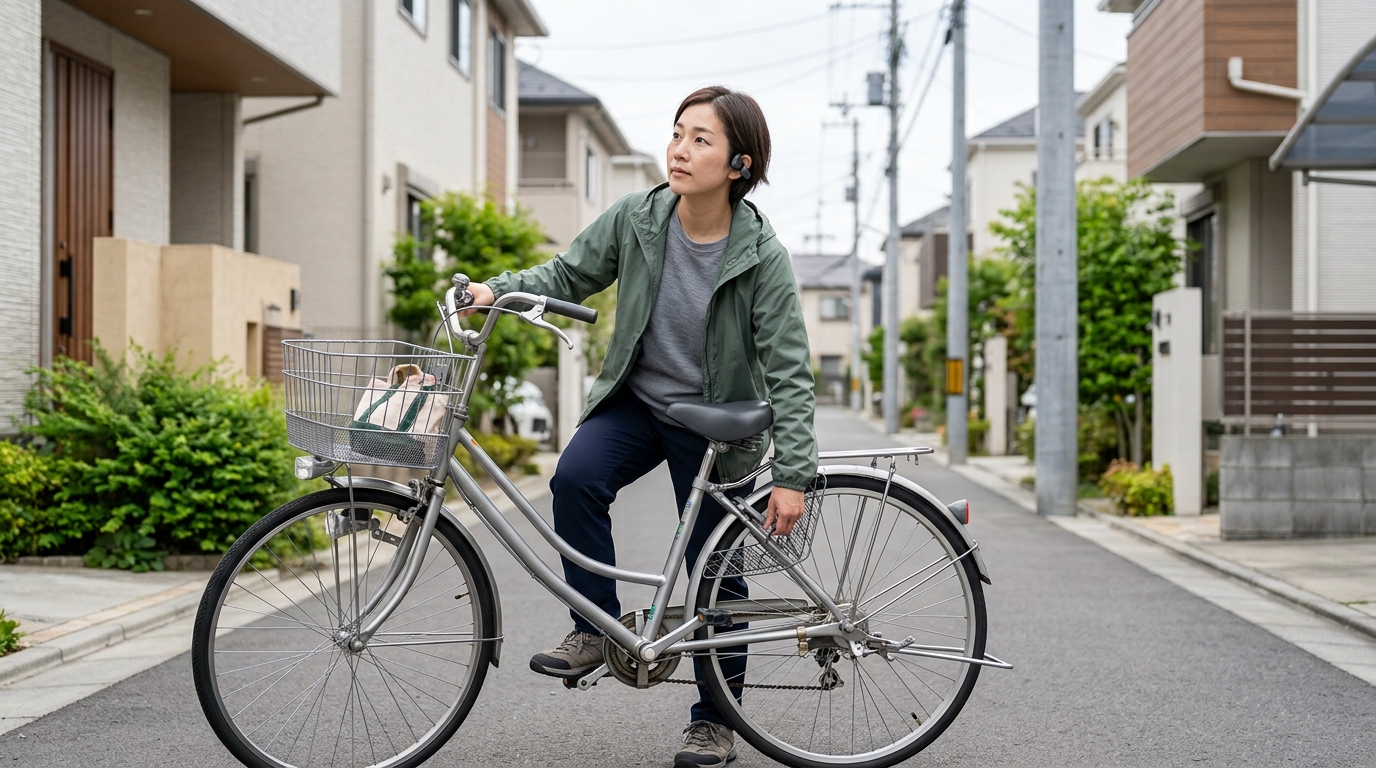自転車のオープンイヤーイヤホンは埼玉で使えるかを調べ、女性が周囲の音を意識しながら利用を検討する様子を表すイメージ画像