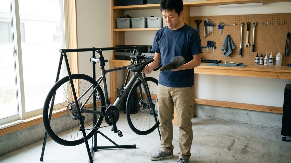 サドル交換とサイズ確認の基本をテーマに、自転車用サドルを比較しながら適切な選び方を検討する様子を表すイメージ画像