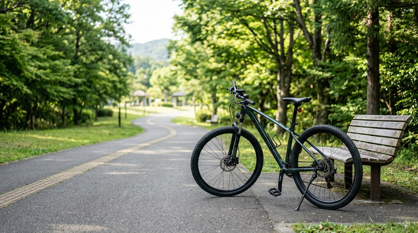 街乗りマウンテンバイクは正解をテーマに、街乗り向けのマウンテンバイクが整然と並び特徴を比較できる様子を表すイメージ画像