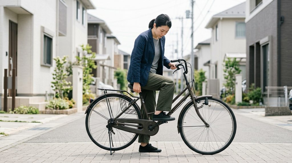 自転車の駆動部分やチェーン周辺を確認し、ズボンの裾が巻き込まれる原因や対策を表すイメージ画像