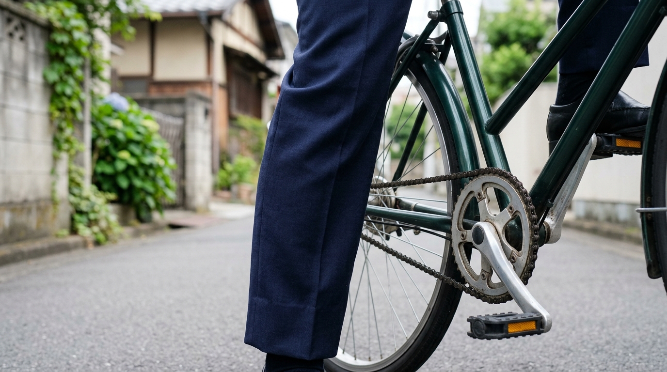 自転車でズボンの裾が引っかかる原因となるチェーンやギア、駆動部分を中心にした安全確認を表すイメージ画像