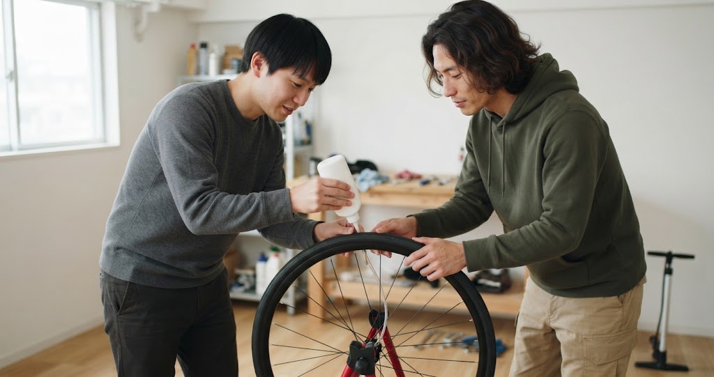 シーラントをタイヤへ補充する様子を表すイメージ画像