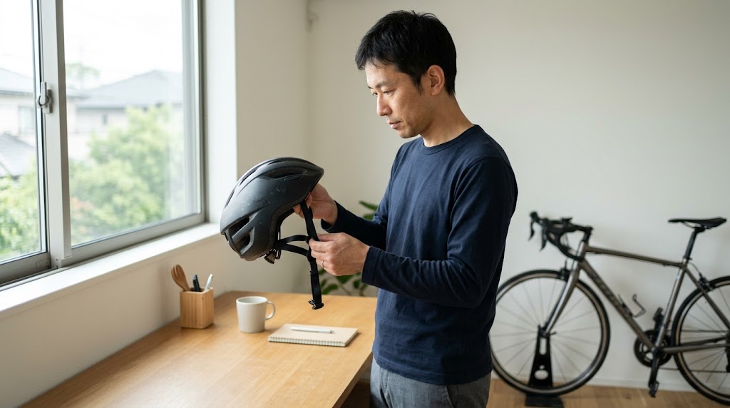 自転車ヘルメット寿命3年説は嘘なのかを調べ、安全性や交換時期について考える男性を表すイメージ画像